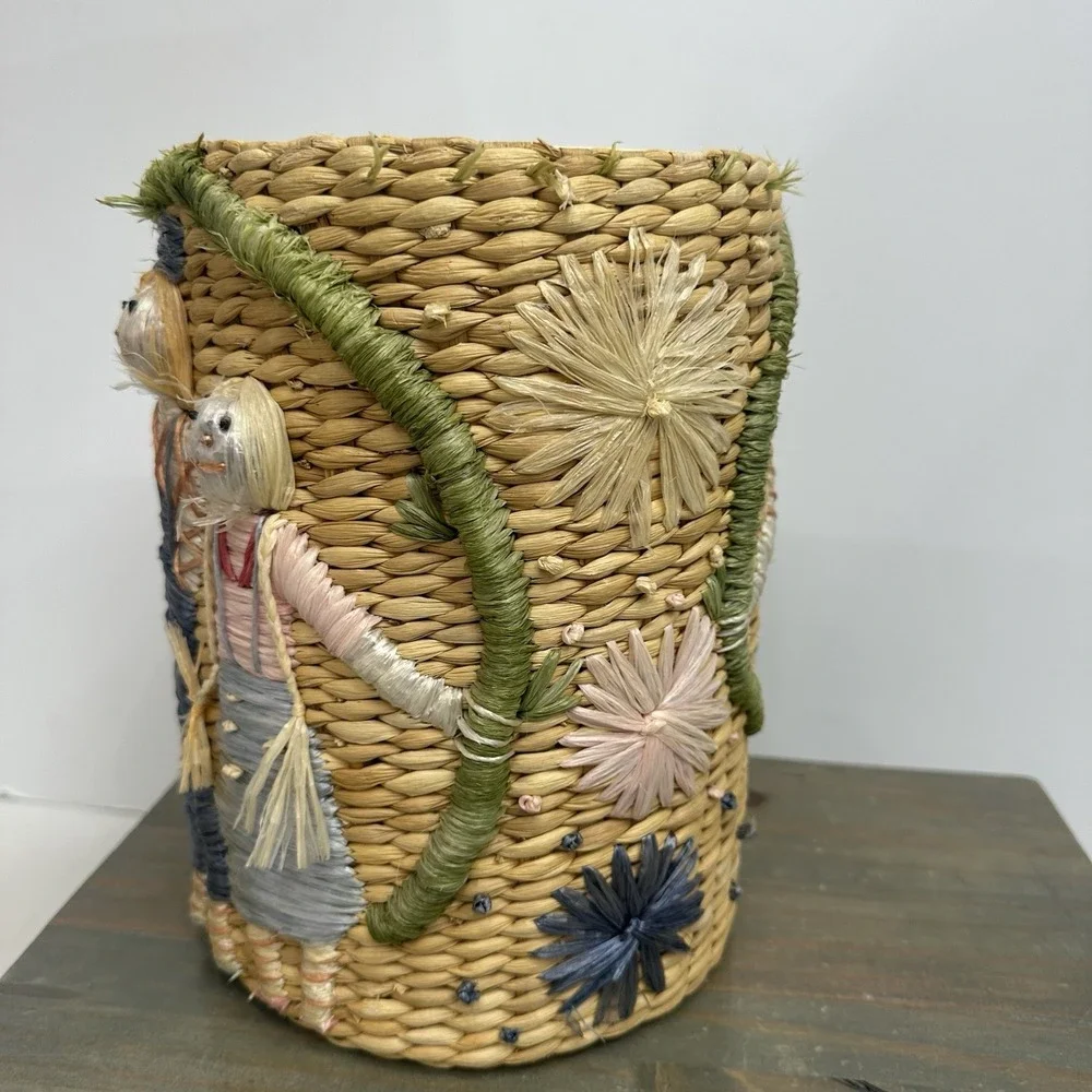 Vintage Woven Straw Raffia Lined Basket Embroidered Scarecrow Whimsical Fall